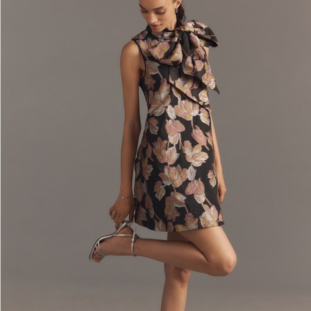 Anthropologie Maeve The Caroline Sleeveless Tie-Neck Jacquard Mini Dress